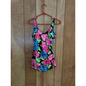 Vintage Robby Len Neon Floral Swimdress One Piece Swimsuit 12T Made in USA